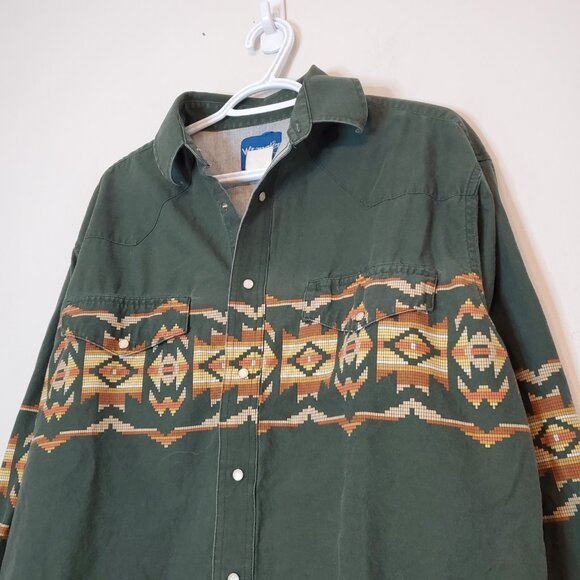Vintage 90s Wrangler Aztec Pearl Snap Button Up Shirt Green Size L - Picture 3 of 6